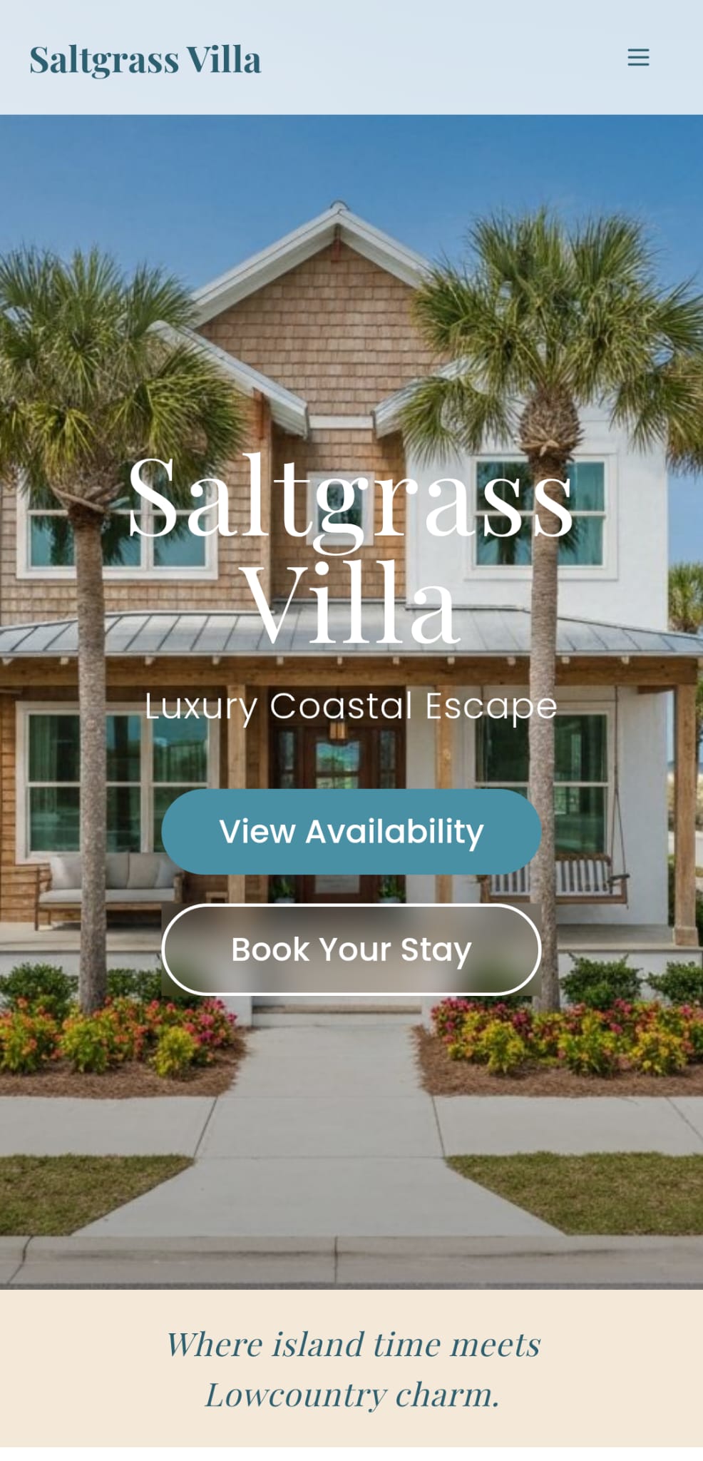 CustomBizSite vacation rental website example showing mobile design for Saltgrass Villa with responsive layout, booking buttons, and optimized touch interface.