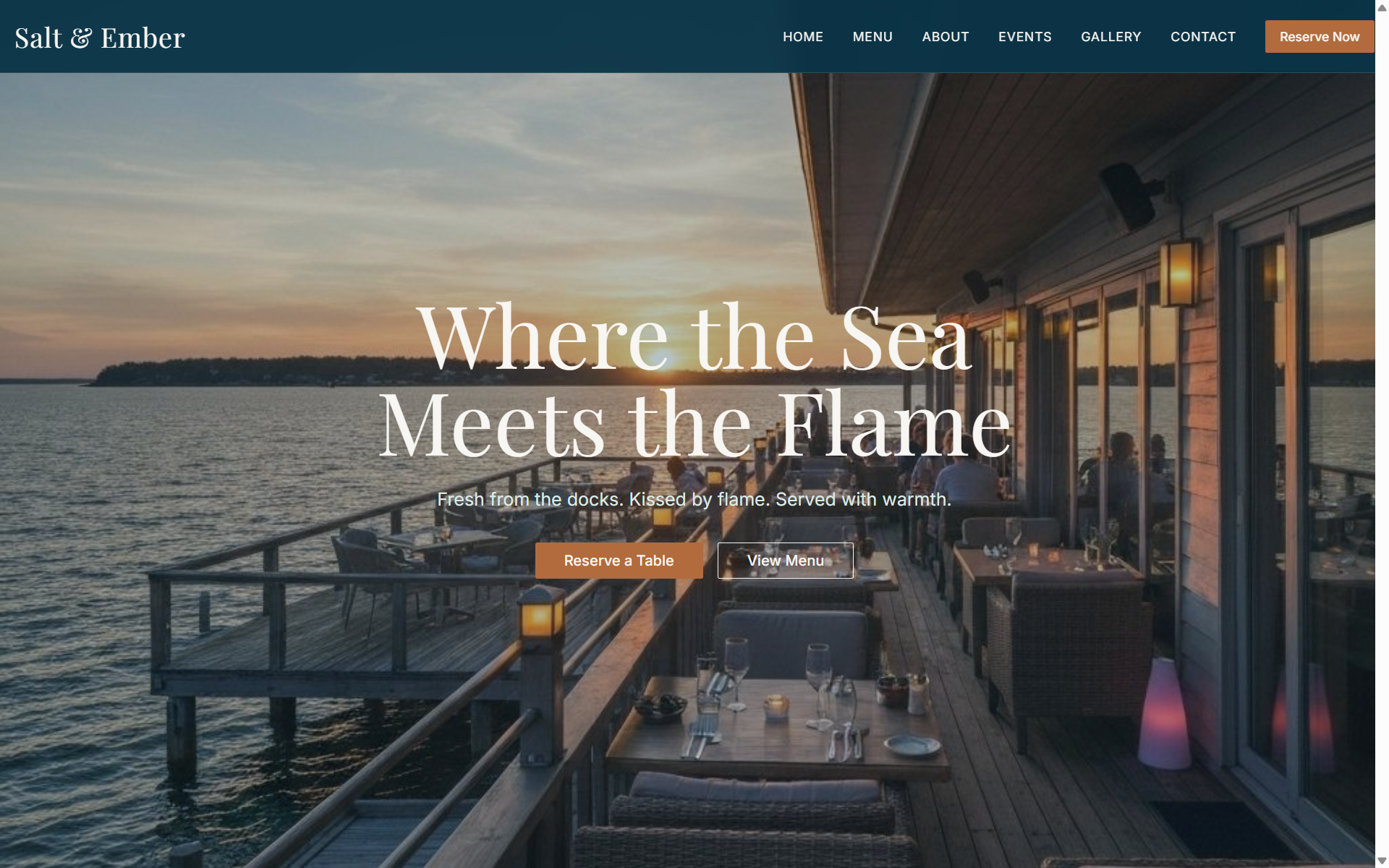 Restaurant website example showing elegant design with waterfront dining, navigation menu, and call-to-action buttons.