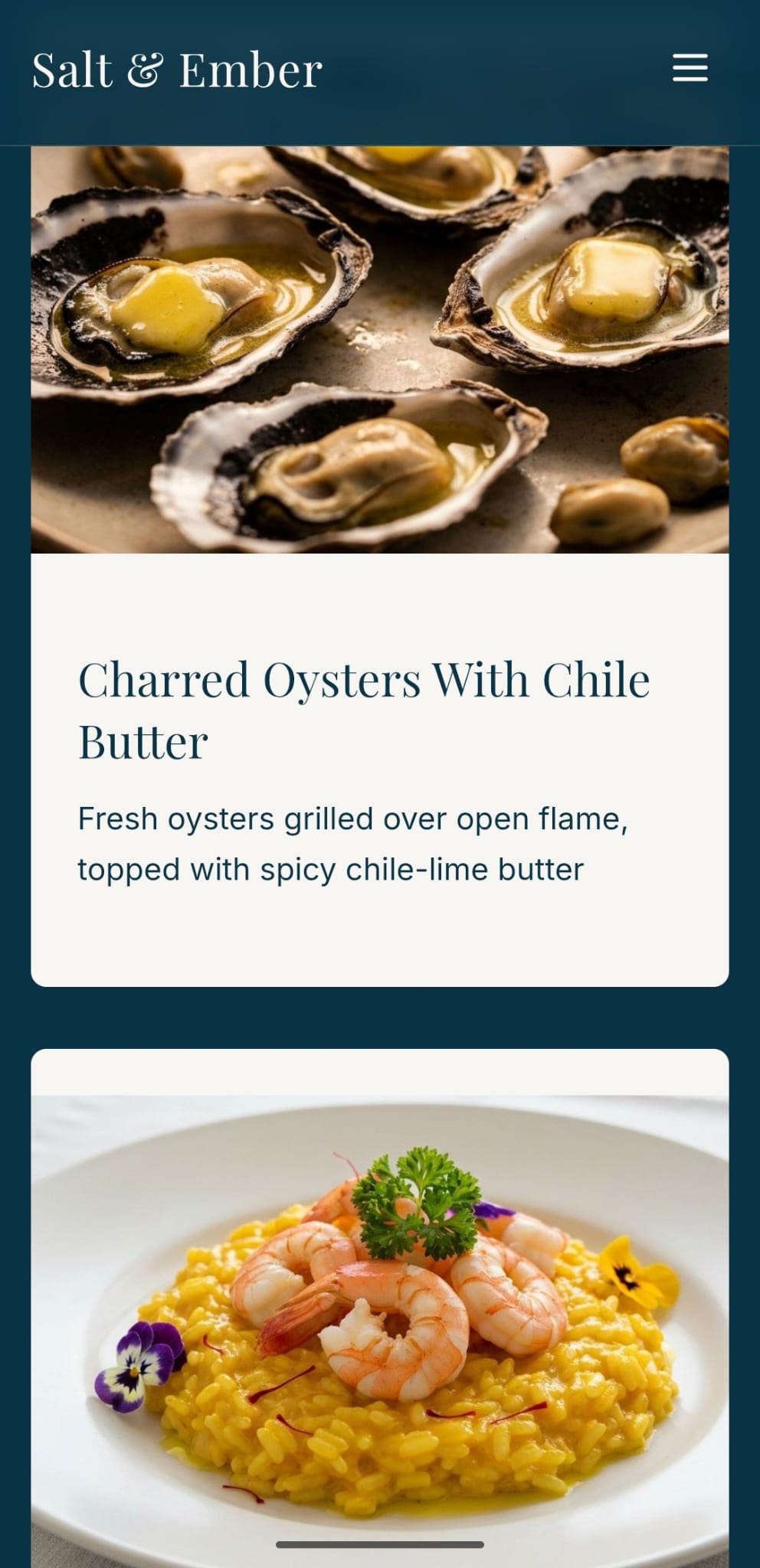 Salt & Ember restaurant mobile design showcasing menu items with charred oysters and shrimp risotto in elegant card-based layout.