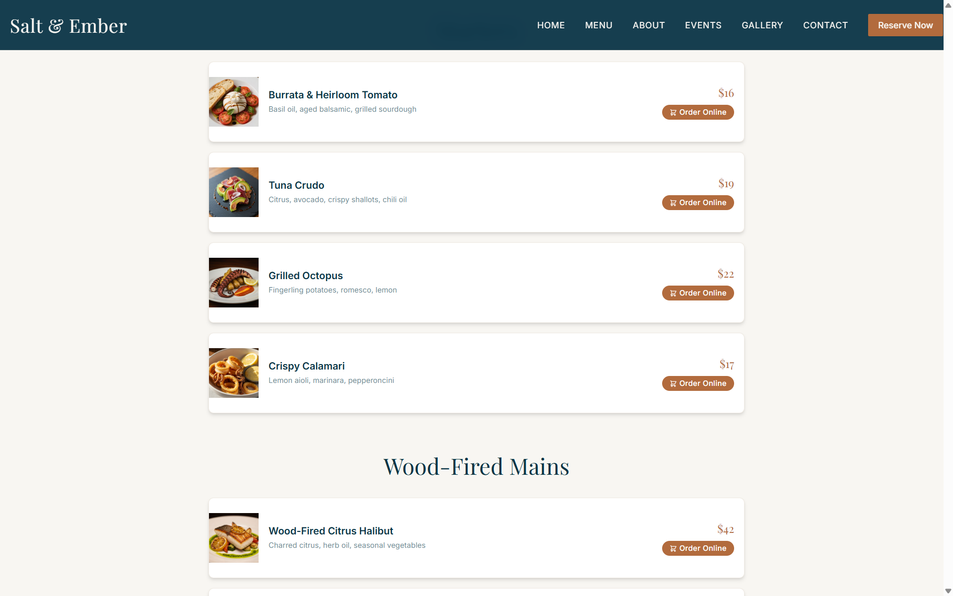 Restaurant menu page